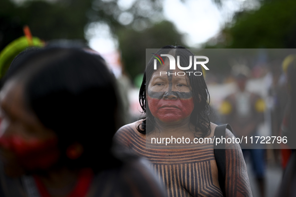 Indigenous leaders hold an act in Brasilia, Brazil, on October 30, 2024, to protest against PEC48, which defines a time frame for demarcatin...