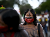 Indigenous leaders hold an act in Brasilia, Brazil, on October 30, 2024, to protest against PEC48, which defines a time frame for demarcatin...