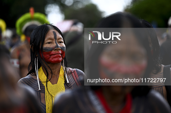 Indigenous leaders hold an act in Brasilia, Brazil, on October 30, 2024, to protest against PEC48, which defines a time frame for demarcatin...