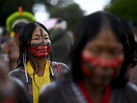 Indigenous leaders hold an act in Brasilia, Brazil, on October 30, 2024, to protest against PEC48, which defines a time frame for demarcatin...