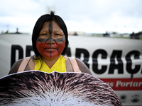 Indigenous leaders hold an act in Brasilia, Brazil, on October 30, 2024, to protest against PEC48, which defines a time frame for demarcatin...