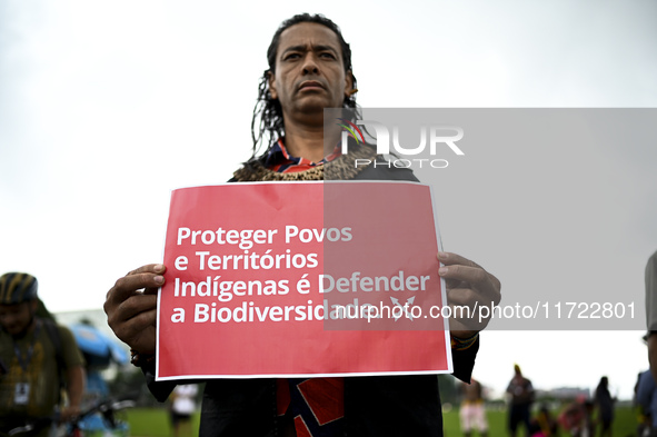 Indigenous leaders hold an act in Brasilia, Brazil, on October 30, 2024, to protest against PEC48, which defines a time frame for demarcatin...