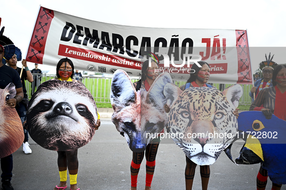 Indigenous leaders hold an act in Brasilia, Brazil, on October 30, 2024, to protest against PEC48, which defines a time frame for demarcatin...