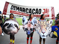 Indigenous leaders hold an act in Brasilia, Brazil, on October 30, 2024, to protest against PEC48, which defines a time frame for demarcatin...