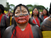 Indigenous leaders hold an act in Brasilia, Brazil, on October 30, 2024, to protest against PEC48, which defines a time frame for demarcatin...