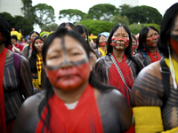 Indigenous leaders hold an act in Brasilia, Brazil, on October 30, 2024, to protest against PEC48, which defines a time frame for demarcatin...