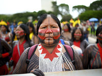 Indigenous leaders hold an act in Brasilia, Brazil, on October 30, 2024, to protest against PEC48, which defines a time frame for demarcatin...