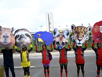 Indigenous leaders hold an act in Brasilia, Brazil, on October 30, 2024, to protest against PEC48, which defines a time frame for demarcatin...