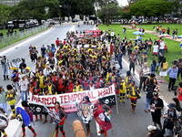 Indigenous leaders hold an act in Brasilia, Brazil, on October 30, 2024, to protest against PEC48, which defines a time frame for demarcatin...