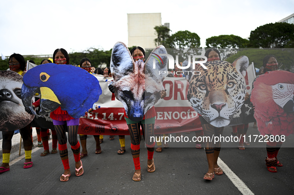 Indigenous leaders hold an act in Brasilia, Brazil, on October 30, 2024, to protest against PEC48, which defines a time frame for demarcatin...