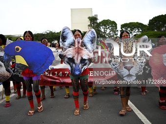 Indigenous leaders hold an act in Brasilia, Brazil, on October 30, 2024, to protest against PEC48, which defines a time frame for demarcatin...