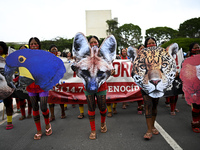 Indigenous leaders hold an act in Brasilia, Brazil, on October 30, 2024, to protest against PEC48, which defines a time frame for demarcatin...