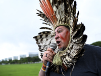 Indigenous leaders hold an act in Brasilia, Brazil, on October 30, 2024, to protest against PEC48, which defines a time frame for demarcatin...