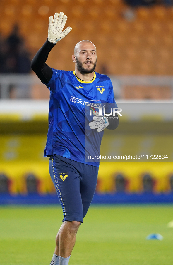 Simone Perilli of Hellas Verona participates in the Serie A match between Lecce and Verona in Lecce, Italy, on October 29, 2024. 