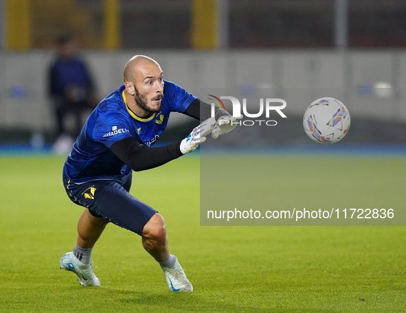 Simone Perilli of Hellas Verona participates in the Serie A match between Lecce and Verona in Lecce, Italy, on October 29, 2024. 