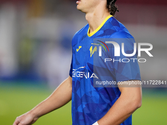 Daniele Ghilardi of Hellas Verona is in action during the Serie A match between Lecce and Verona in Lecce, Italy, on October 29, 2024. (