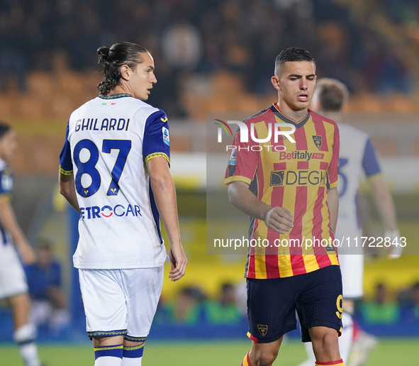 Nikola Krstovic of US Lecce is in action during the Serie A match between Lecce and Verona in Lecce, Italy, on October 29, 2024. 