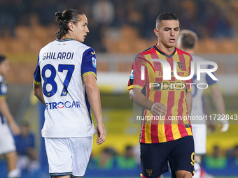 Nikola Krstovic of US Lecce is in action during the Serie A match between Lecce and Verona in Lecce, Italy, on October 29, 2024. (