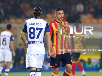 Nikola Krstovic of US Lecce is in action during the Serie A match between Lecce and Verona in Lecce, Italy, on October 29, 2024. (