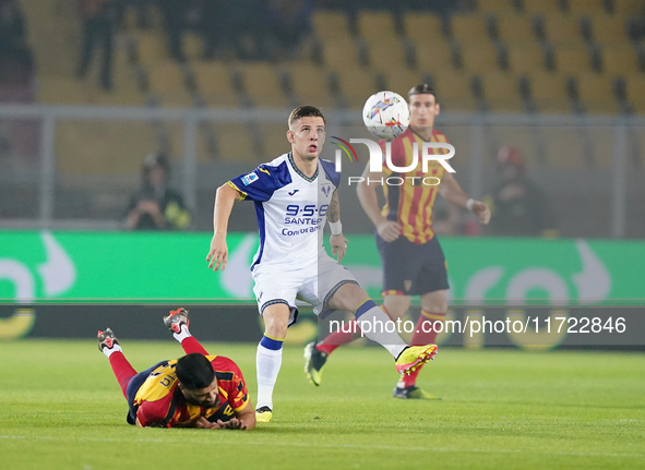 Tomas Suslov of Hellas Verona is in action during the Serie A match between Lecce and Verona in Lecce, Italy, on October 29, 2024. 