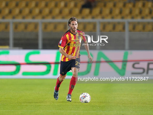 Antonino Gallo of US Lecce is in action during the Serie A match between Lecce and Verona in Lecce, Italy, on October 29, 2024. 