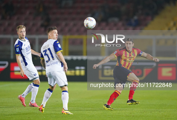 Federico Baschirotto of US Lecce is in action during the Serie A match between Lecce and Verona in Lecce, Italy, on October 29, 2024. 