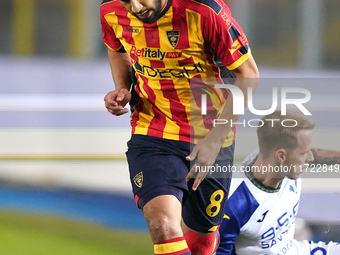 Hamza Rafia of US Lecce is in action during the Serie A match between Lecce and Verona in Lecce, Italy, on October 29, 2024. (