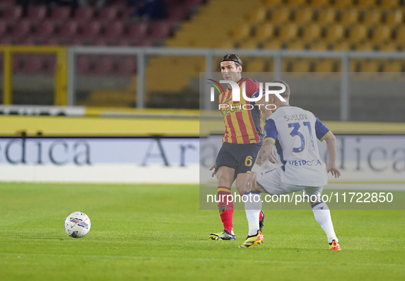 Federico Baschirotto of US Lecce is in action during the Serie A match between Lecce and Verona in Lecce, Italy, on October 29, 2024. 