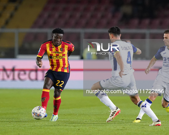 Lameck Banda of US Lecce plays during the Serie A match between Lecce and Verona in Lecce, Italy, on October 29, 2024. 