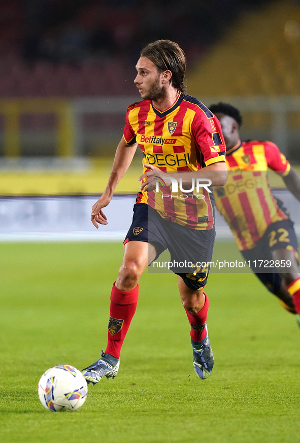 Antonino Gallo of US Lecce is in action during the Serie A match between Lecce and Verona in Lecce, Italy, on October 29, 2024. 