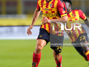 Antonino Gallo of US Lecce is in action during the Serie A match between Lecce and Verona in Lecce, Italy, on October 29, 2024. (