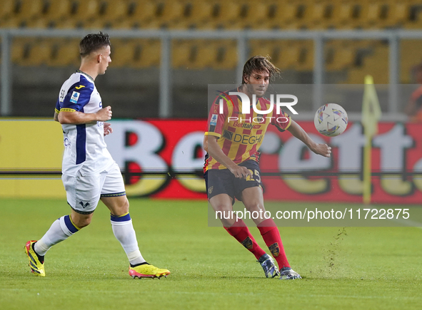 Antonino Gallo of US Lecce is in action during the Serie A match between Lecce and Verona in Lecce, Italy, on October 29, 2024. 