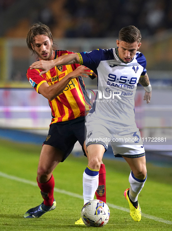 Antonino Gallo of US Lecce is in action during the Serie A match between Lecce and Verona in Lecce, Italy, on October 29, 2024. 