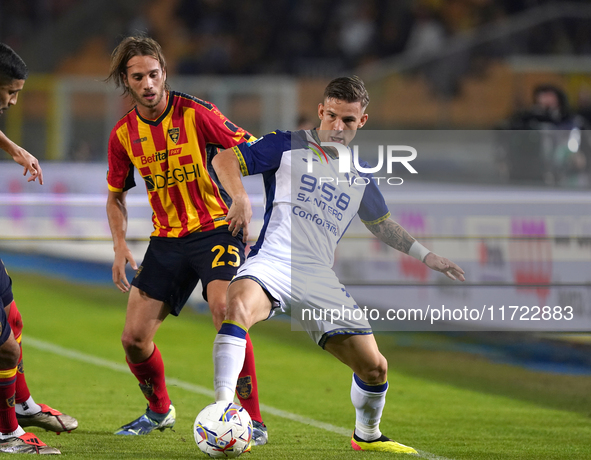 Antonino Gallo of US Lecce is in action during the Serie A match between Lecce and Verona in Lecce, Italy, on October 29, 2024. 