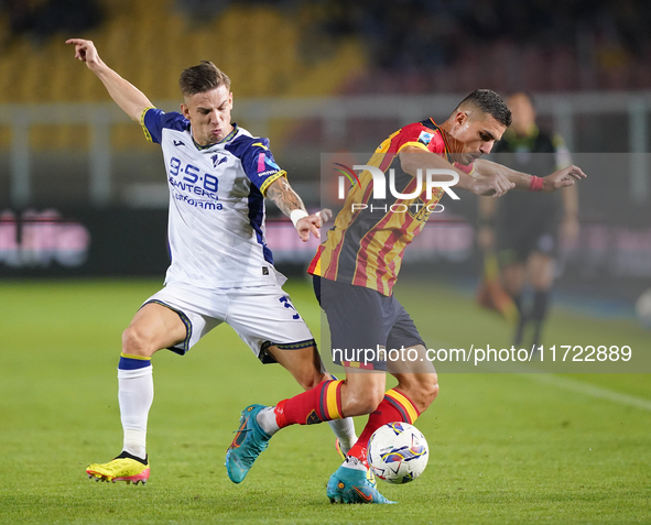 Nikola Krstovic of US Lecce is in action during the Serie A match between Lecce and Verona in Lecce, Italy, on October 29, 2024. 