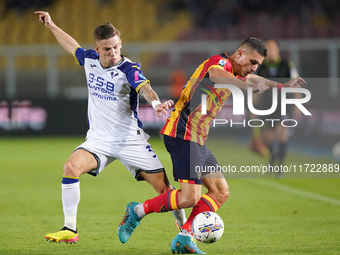 Nikola Krstovic of US Lecce is in action during the Serie A match between Lecce and Verona in Lecce, Italy, on October 29, 2024. (