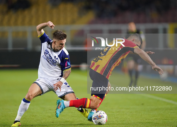 Nikola Krstovic of US Lecce is in action during the Serie A match between Lecce and Verona in Lecce, Italy, on October 29, 2024. 