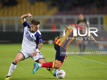 Nikola Krstovic of US Lecce is in action during the Serie A match between Lecce and Verona in Lecce, Italy, on October 29, 2024. (