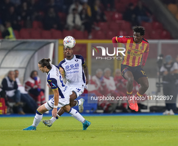 Patrick Dorgu of US Lecce is in action during the Serie A match between Lecce and Verona in Lecce, Italy, on October 29, 2024. 