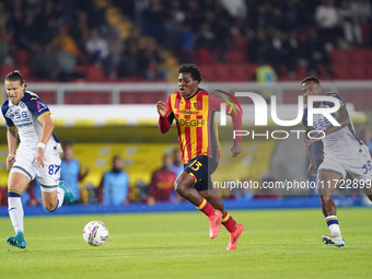 Patrick Dorgu of US Lecce is in action during the Serie A match between Lecce and Verona in Lecce, Italy, on October 29, 2024. (