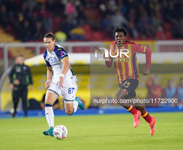 Patrick Dorgu of US Lecce is in action during the Serie A match between Lecce and Verona in Lecce, Italy, on October 29, 2024. 