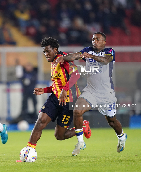 Patrick Dorgu of US Lecce is in action during the Serie A match between Lecce and Verona in Lecce, Italy, on October 29, 2024. 