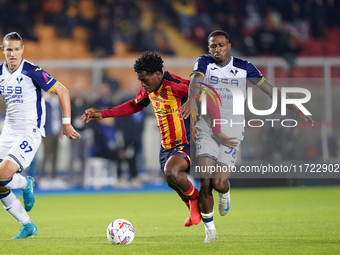 Patrick Dorgu of US Lecce is in action during the Serie A match between Lecce and Verona in Lecce, Italy, on October 29, 2024. (