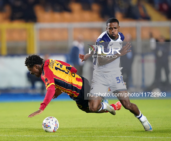 Patrick Dorgu of US Lecce is in action during the Serie A match between Lecce and Verona in Lecce, Italy, on October 29, 2024. 