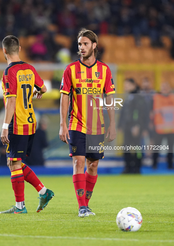 Antonino Gallo of US Lecce is in action during the Serie A match between Lecce and Verona in Lecce, Italy, on October 29, 2024. 