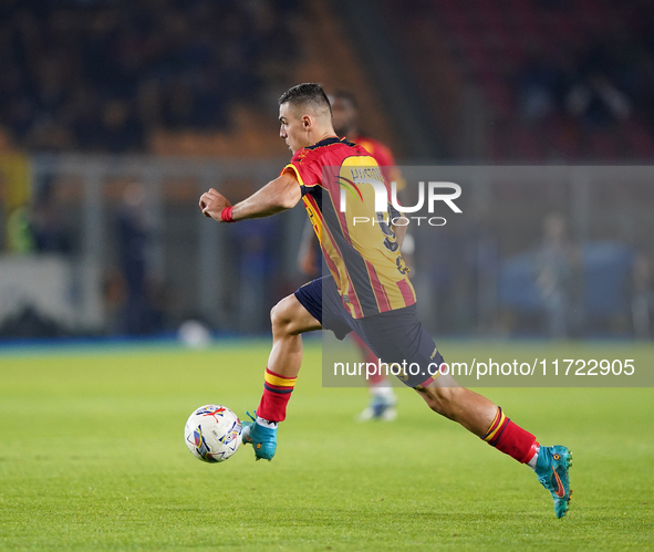 Nikola Krstovic of US Lecce is in action during the Serie A match between Lecce and Verona in Lecce, Italy, on October 29, 2024. 