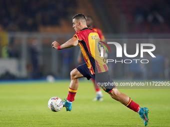 Nikola Krstovic of US Lecce is in action during the Serie A match between Lecce and Verona in Lecce, Italy, on October 29, 2024. (