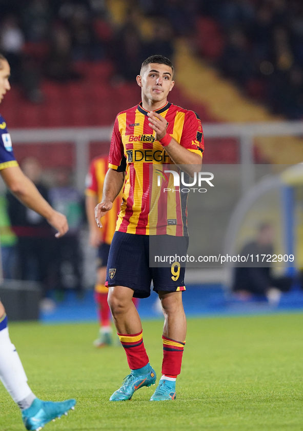 Nikola Krstovic of US Lecce is in action during the Serie A match between Lecce and Verona in Lecce, Italy, on October 29, 2024. 