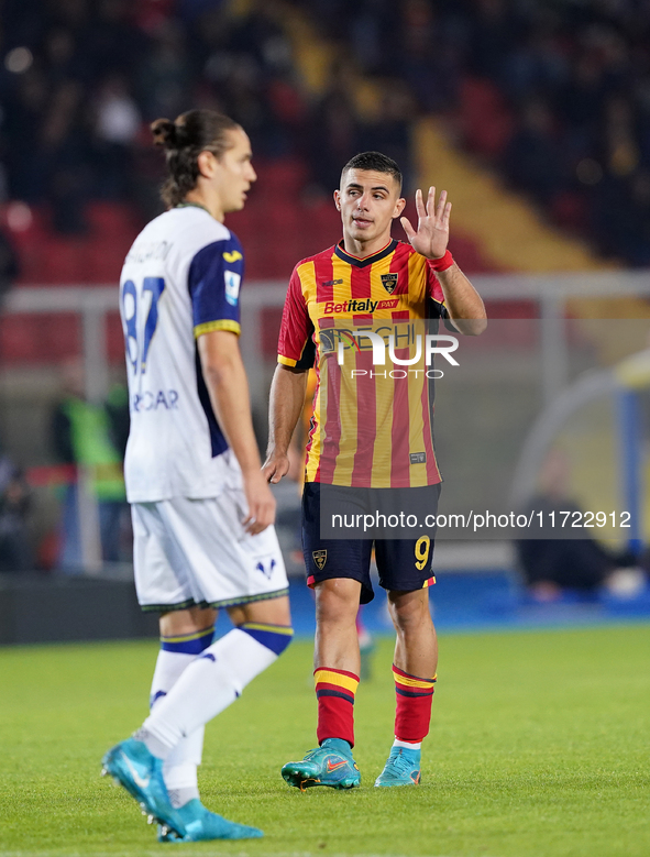 Nikola Krstovic of US Lecce is in action during the Serie A match between Lecce and Verona in Lecce, Italy, on October 29, 2024. 