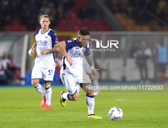 Tomas Suslov of Hellas Verona is in action during the Serie A match between Lecce and Verona in Lecce, Italy, on October 29, 2024. 